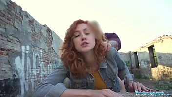 Stunning redhead waitress gives a hardcore blowjob and gets fucked outside